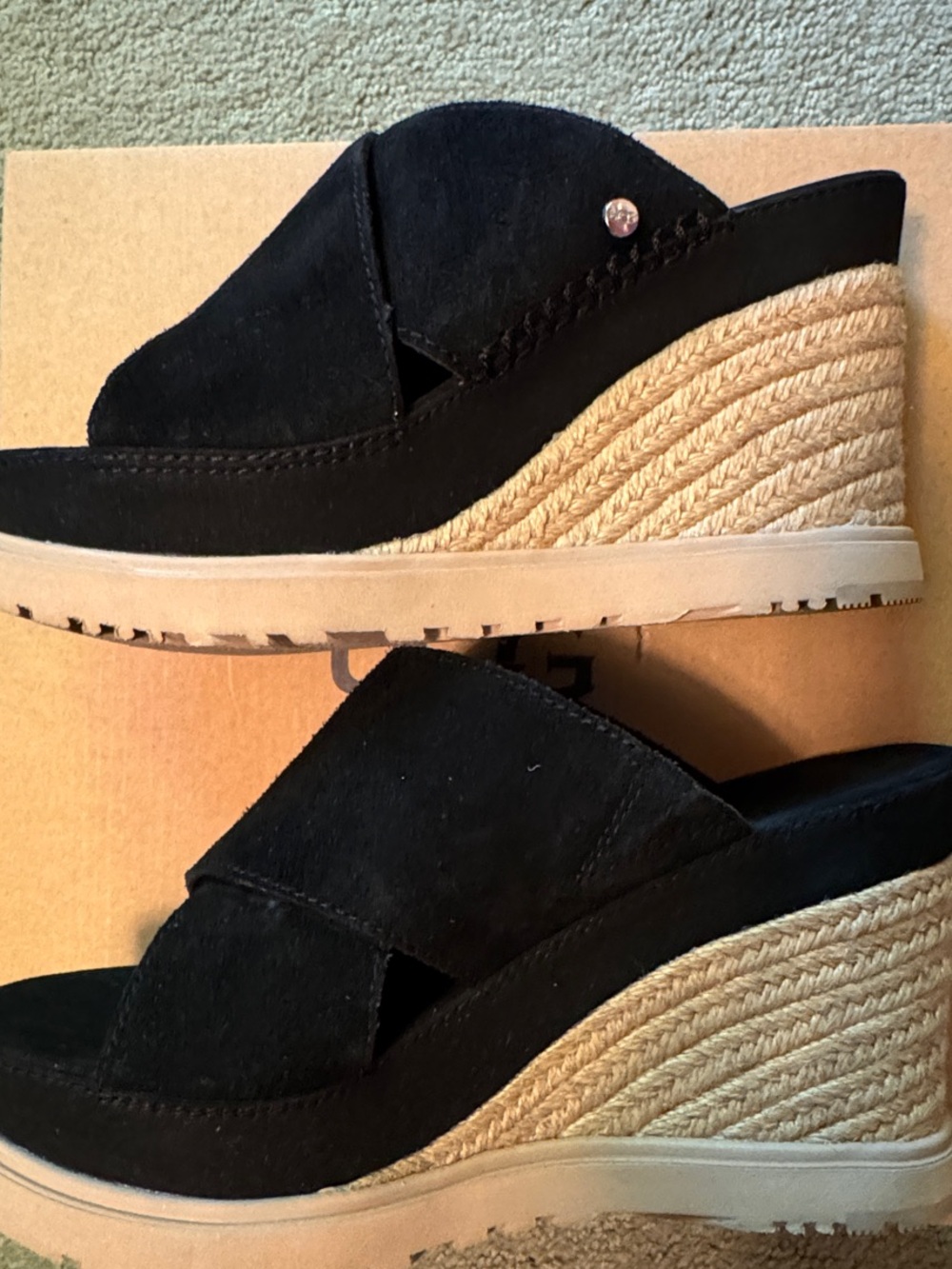 UGG Black Suede Rope-Wedge Slide Sandals